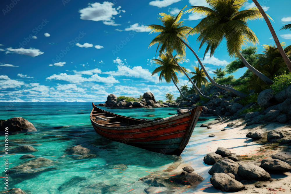 Fototapeta premium Boat on the transparent will of the ocean or sea. The concept of travel and summer holidays