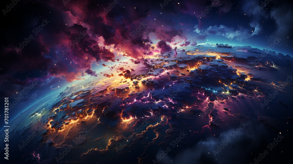 Fototapeta premium Neon map of the world seen from space, taken from a high angle