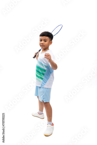 Badminton racket and badminton shuttlecock. Portrait Young Asian cute boy standing on white background banner. Sport man