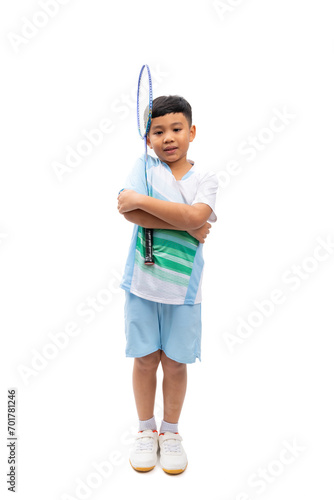 Badminton racket and badminton shuttlecock. Portrait Young Asian cute boy standing on white background banner. Sport man