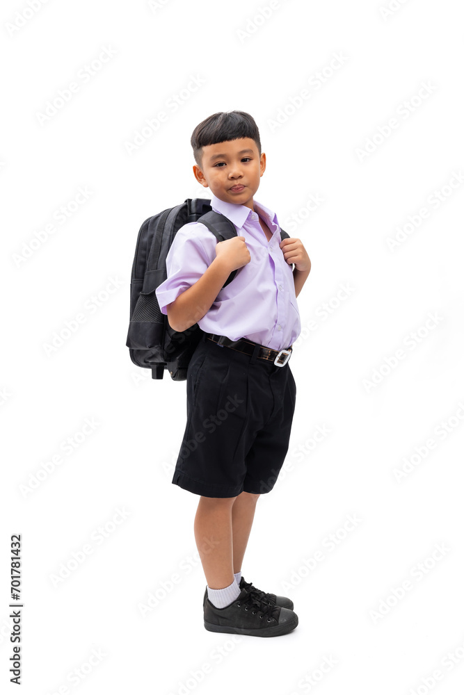 Side view. Thai school uniform with backpack bag. Portrait Young Asian cute boy standing on white studio background banner. Back to school. Side view. Thai school uniform with backpack bag. Portrait Young Asian cute boy standing on white studio background banner. Back to school.