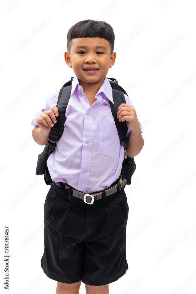Thai school uniform with backpack bag. Portrait Young Asian cute boy standing on white background banner. Back to school. Thai school uniform with backpack bag. Portrait Young Asian cute boy standing on white background banner. Back to school.