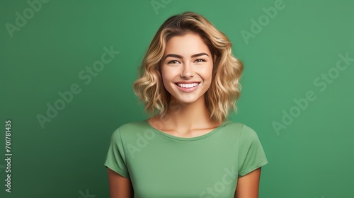 A young blonde woman in a smiley pose against a green backdrop.