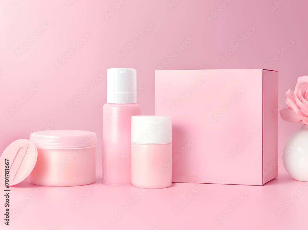 Envases de cosméticos de color rosa pálido para cuidado de la piel sobre un fondo rosa pastel. Vista de frente y de cerca. Copy space. IA Generativa Envases de cosméticos de color rosa pálido para cuidado de la piel sobre un fondo rosa pastel. Vista de frente y de cerca. Copy space. IA Generativa