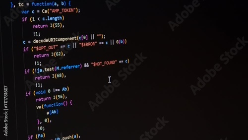 Code. Colorful jsx javascript computer programming code scroll close up pixel detail shot 4K super macro on screen.