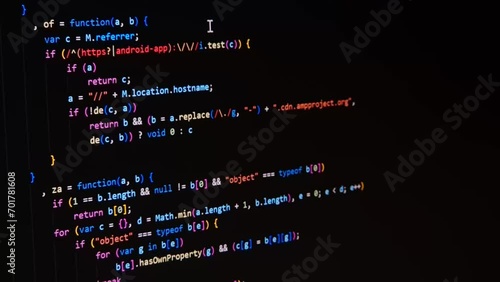 Code. Colorful jsx javascript computer programming code scroll close up pixel detail shot 4K super macro on screen.
