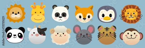 Animal face stickers on a pastel blue background.