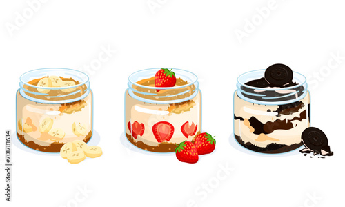 Dessert varieties, magnolia with banana, strawberry, biscuit.