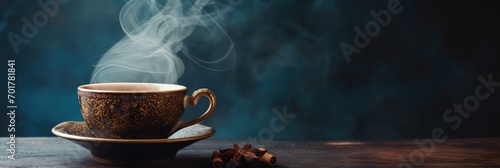 Beautiful eastern style textured ceramic cup of coffee (or tea) with smoke over dark toned background. Close up view.