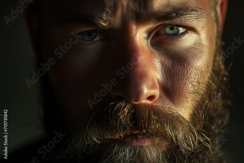 Bearded Intensity: Close-Up Portrait of a Man with Rugged Features and Expressive Eyes, Enhanced by Soft and Diffused Lighting, Emphasizing the Texture of the Beard