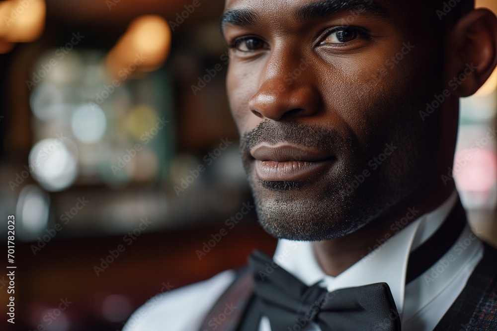 Confident Elegance: Close-Up Portrait of a Dark-Skinned Man with a Bow Tie, Emphasizing the Confident Expression and Texture of the Bow Tie, Illuminated by Sharp and Focused Lighting Confident Elegance: Close-Up Portrait of a Dark-Skinned Man with a Bow Tie, Emphasizing the Confident Expression and Texture of the Bow Tie, Illuminated by Sharp and Focused Lighting