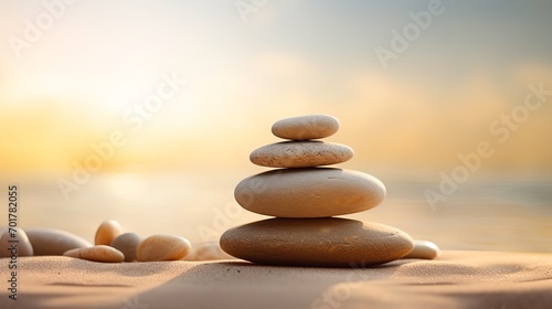 The art of balance is represented by stacks of zen stones and sand in the background. photo