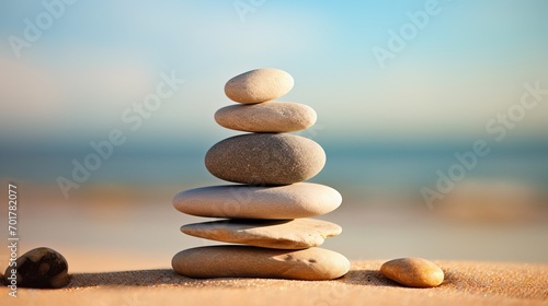 The art of balance is represented by stacks of zen stones and sand in the background.