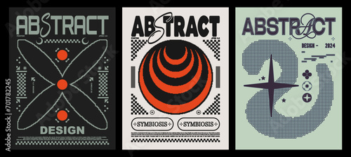 Collection of retro abstract poster. Techno style, psychedelic design, with dither pixel effect, prints for t-shirts and sweatshirts. Vector set