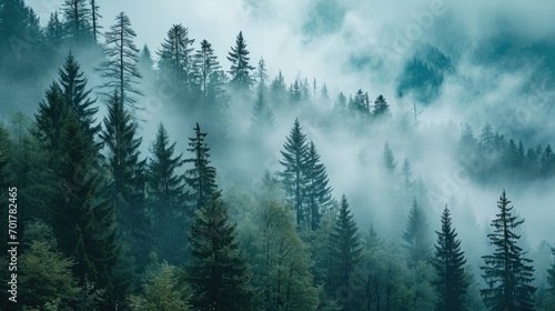 Mountains landscape and fog covered forest of pine © BrandwayArt