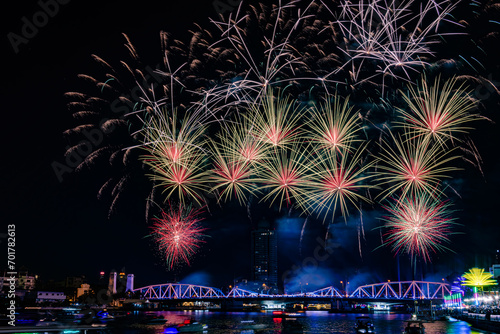 Firework show along Chao Praya River in Bangkok city, Thailand during the new year of 2024 to come. © Bobbyphotos