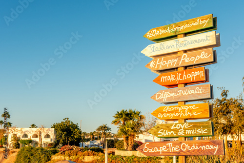 Wooden signpost at recreation area in Egypt.