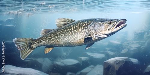 large predatory freshwater fish underwater in river