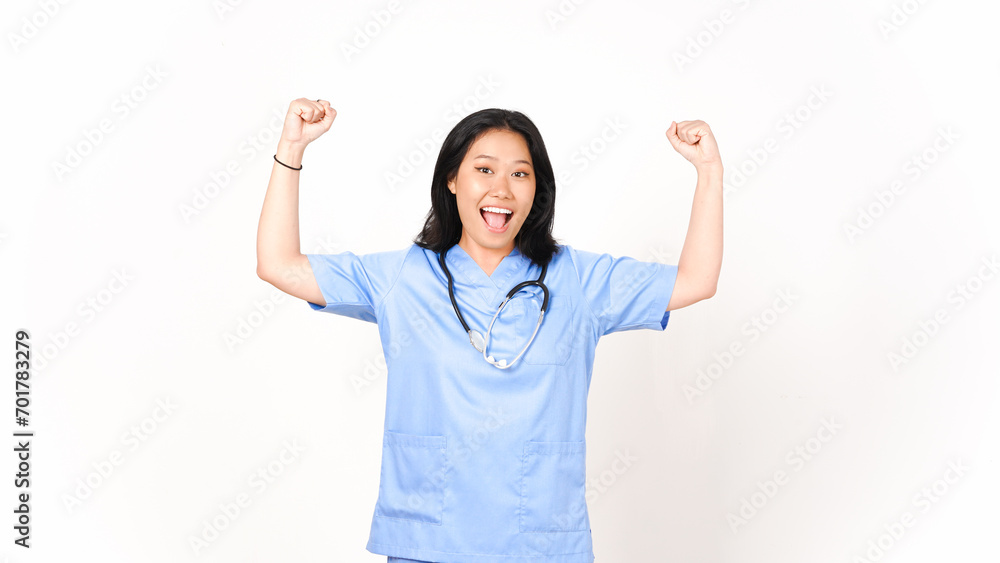 Young Asian female doctor showing strong arms isolated on white background Young Asian female doctor showing strong arms isolated on white background