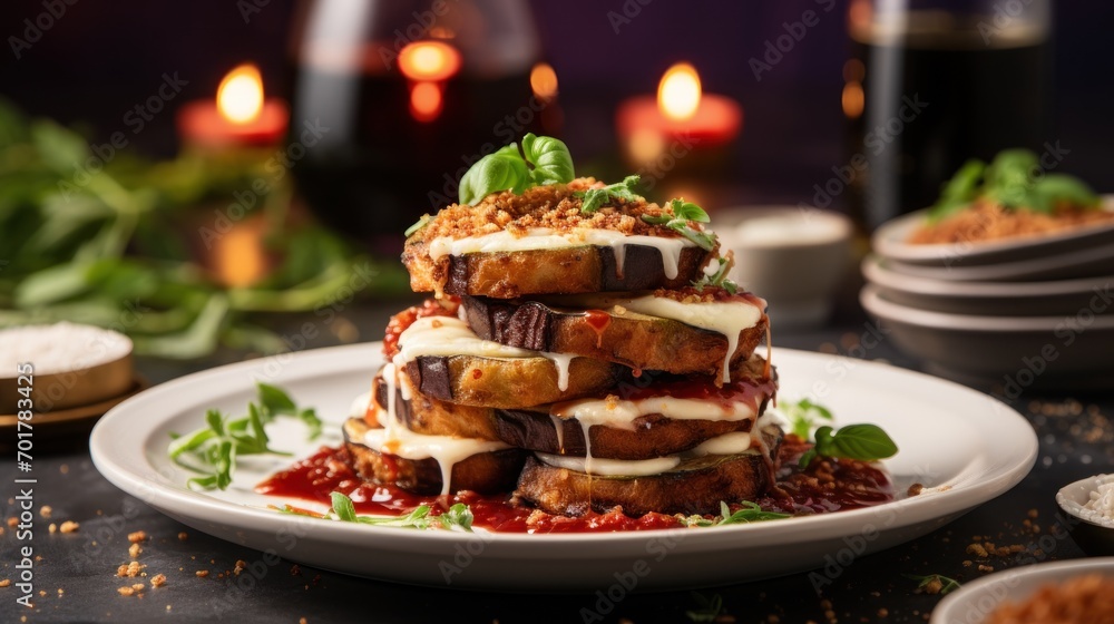 a stack of food sitting on top of a white plate covered in sauce and garnished with green leaves. a stack of food sitting on top of a white plate covered in sauce and garnished with green leaves.