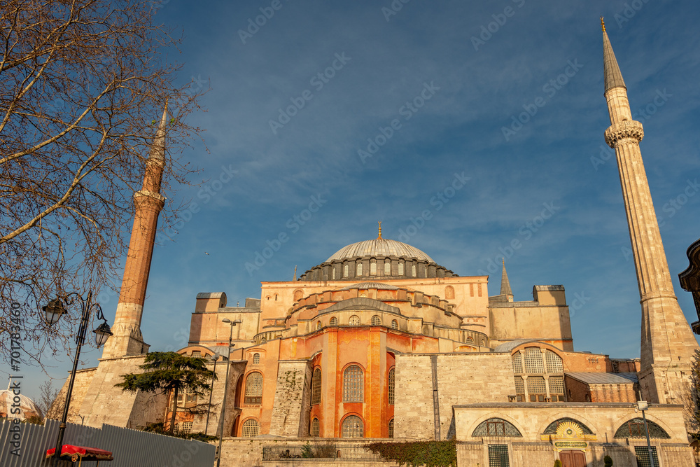 Byzantine architecture of the Hagia Sophia, famous historic landmark and world wonder in Istanbul, Turkey