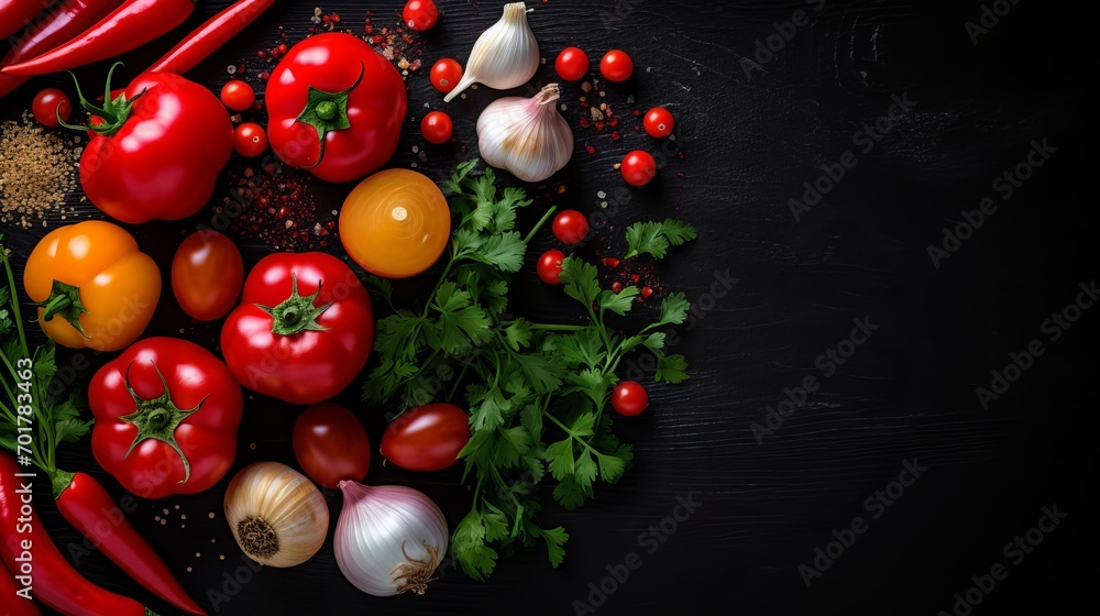 A close-up of a vegetable composition that includes onions, garlic, peppers, greens, and seasonings on a dark background. the color of peppers is highlighted in the product.