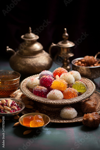 Ramadan sweet food and muslim lamp on the dark table
