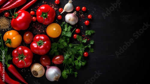 A close-up of a vegetable composition that includes onions, garlic, peppers, greens, and seasonings on a dark background. the color of peppers is highlighted in the product.