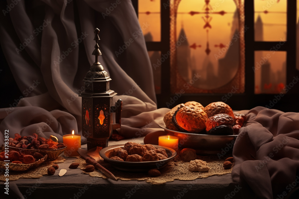 Ramadan sweets and muslim lamp on the table against the window with copy space