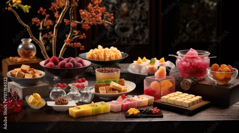  a table topped with lots of different types of desserts and pastries next to a vase filled with flowers.