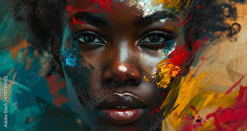 Illustration for Black History Month depicting a black woman painted in the colors of the Pan-African flag,