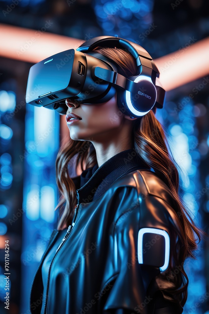 A girl in virtual reality glasses watches a futuristic city A girl in virtual reality glasses watches a futuristic city