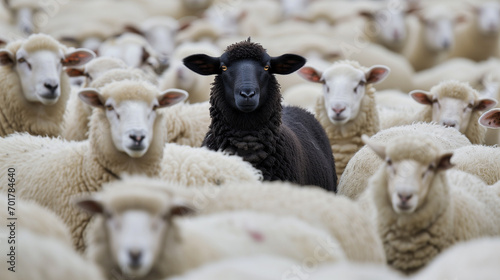 a lot oh white sheep and in the middle of this sheep herd is one different black sheep.concept - not like everyone else, special, different