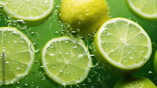  a close up of lemons and limes with drops of water on a green surface with a green background.