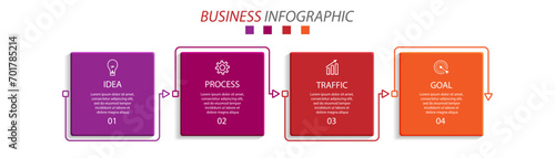 business infographic design 4 parts or steps, there are icons, text and numbers, colorful square design with interconnected color lines, for diagrams, banners and your business workflow