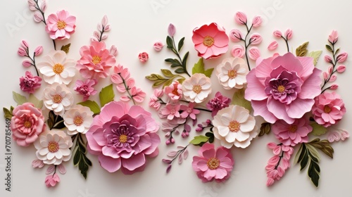 a close up of a bunch of flowers on a white background with pink and white flowers on the side of the wall.