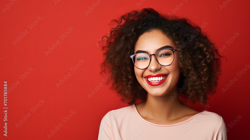 Against a red wall, a young student or intern, who is wearing eyeglasses and smiling, is standing with a folder in front of them. Against a red wall, a young student or intern, who is wearing eyeglasses and smiling, is standing with a folder in front of them.
