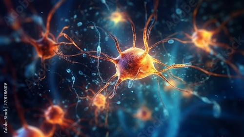 neuron cells with glowing in human brain synapses photo