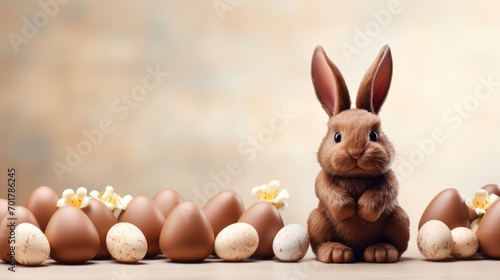  a rabbit sitting in front of a row of chocolate eggs with daffodils in the middle of it.