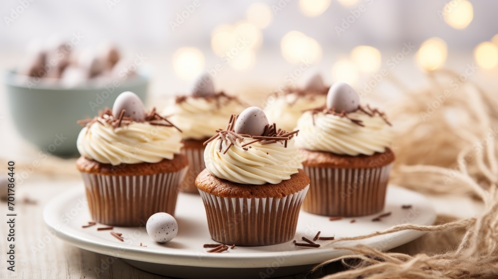  a white plate topped with cupcakes covered in white frosting and topped with chocolate eggs and sprinkles.