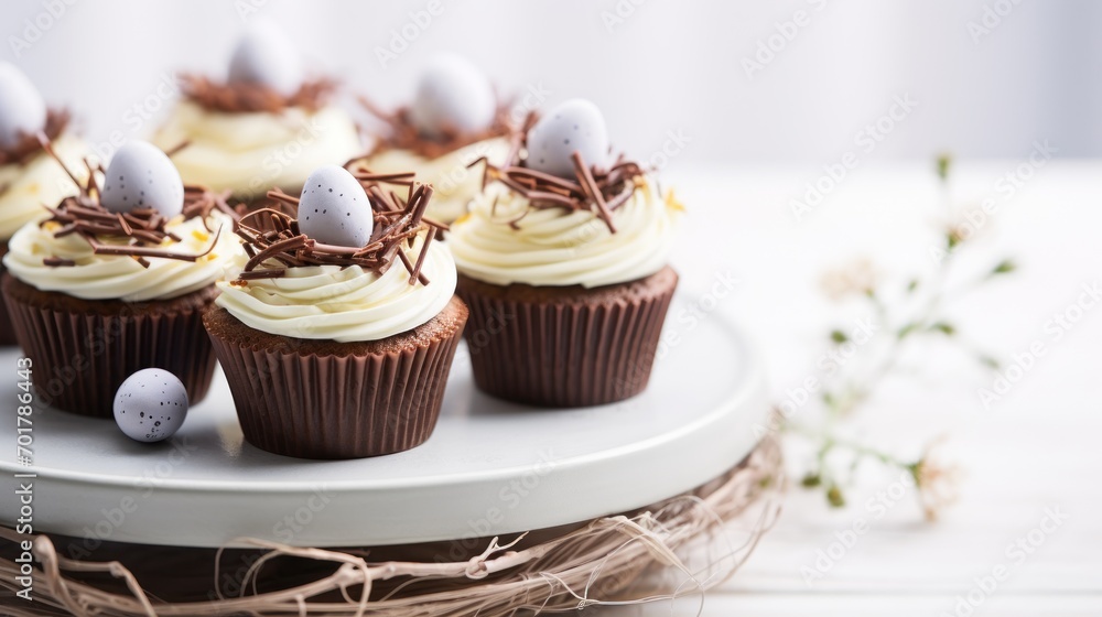  a white plate topped with chocolate cupcakes covered in white frosting and topped with birds'nest eggs.