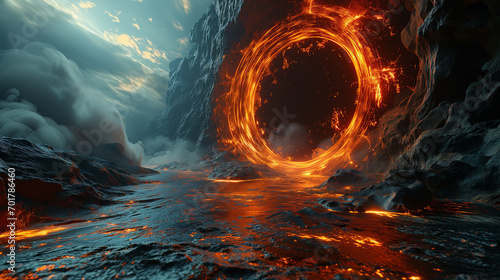 Ocean waves with lava and fire, dark smoke rises to the top.