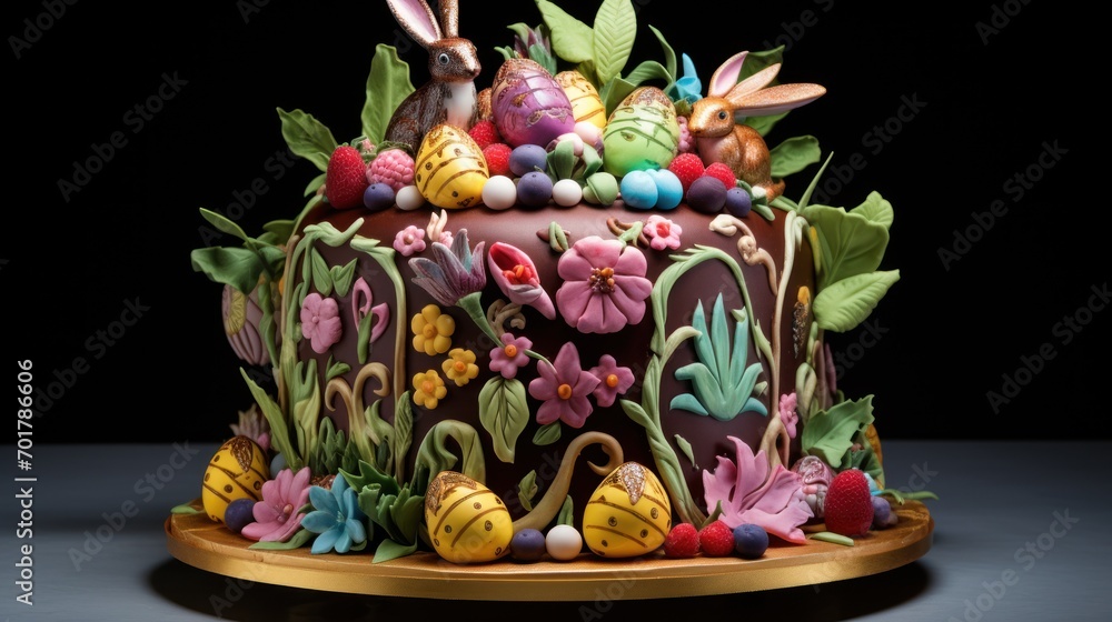  a cake decorated with flowers and bunnies on top of a gold platter on a black table with a black background.