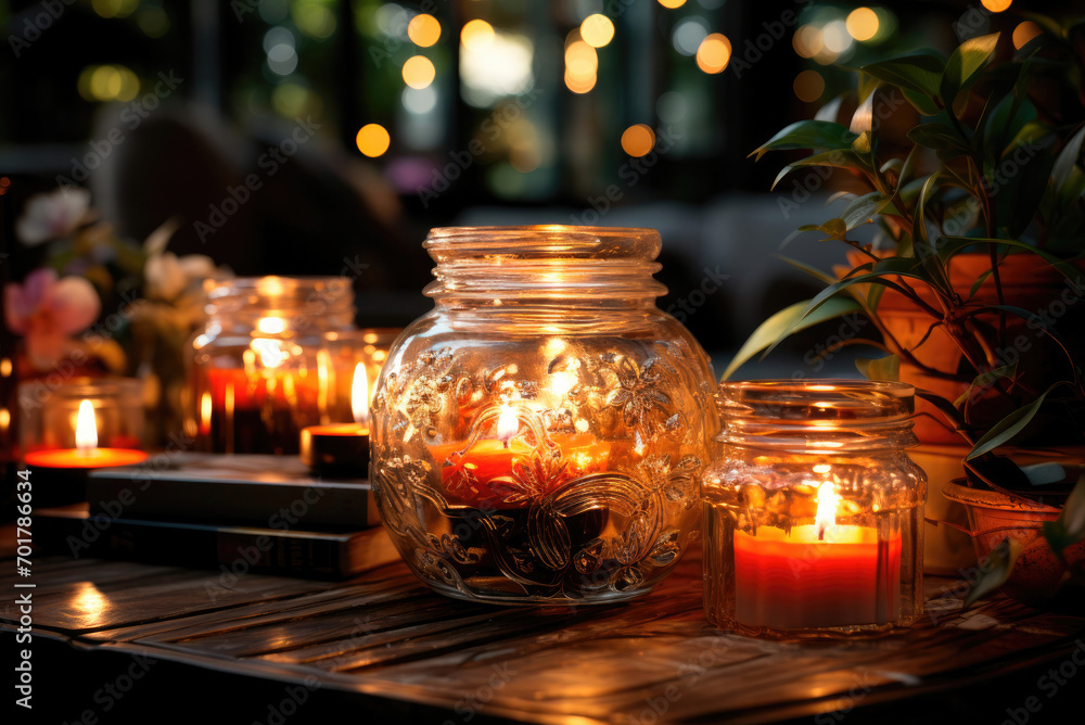 Burning candles in glasses bowls on table at home Burning candles in glasses bowls on table at home