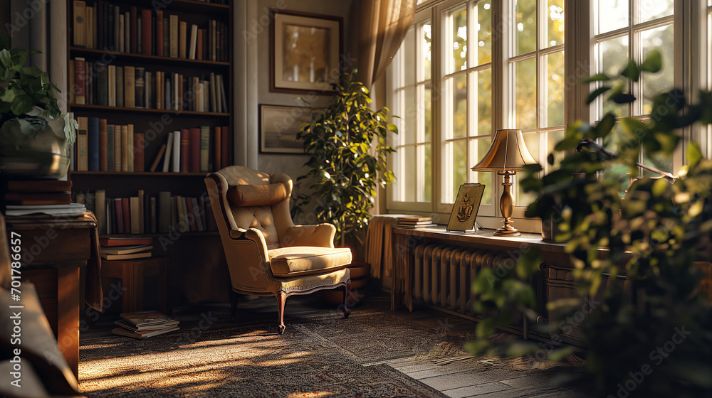 Immerse yourself in a cozy atmosphere with a comfortable chair soft lighting, and books a perfect haven for quiet relaxation. Ai generated
