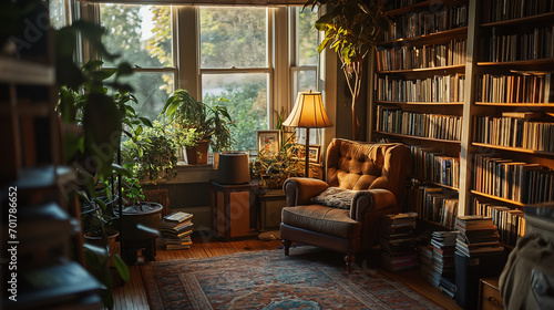 Immerse yourself in a cozy atmosphere with a comfortable chair soft lighting, and books a perfect haven for quiet relaxation. Ai generated photo