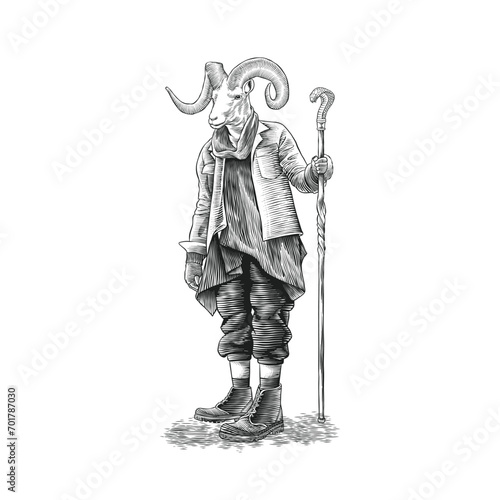 illustration of a shepherd with a goat's head using carving techniques