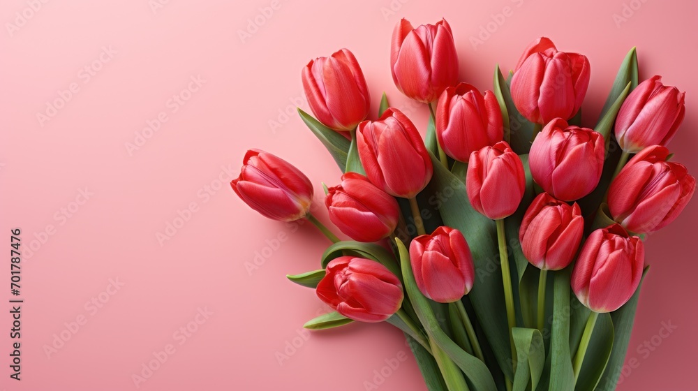  a bouquet of red tulips on a pink background with copy - space for a text or an image.