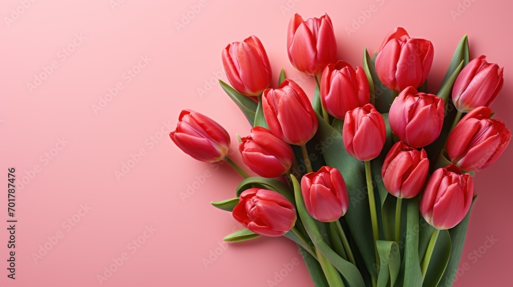 Fototapeta premium a bouquet of red tulips on a pink background with copy - space for a text or an image.