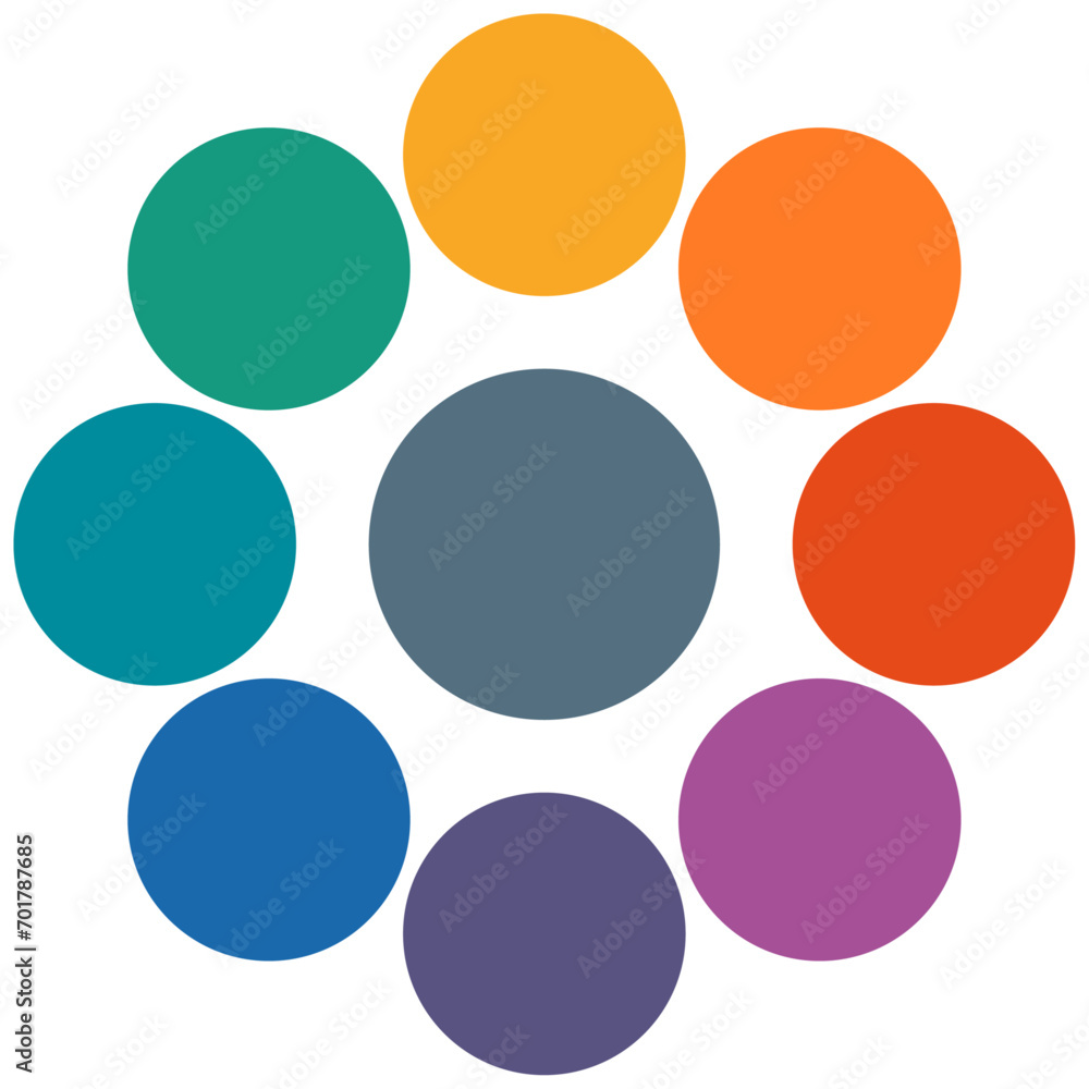 Infographic diagram with eight circles elements, instances in circular radial shape. Vector illustration.